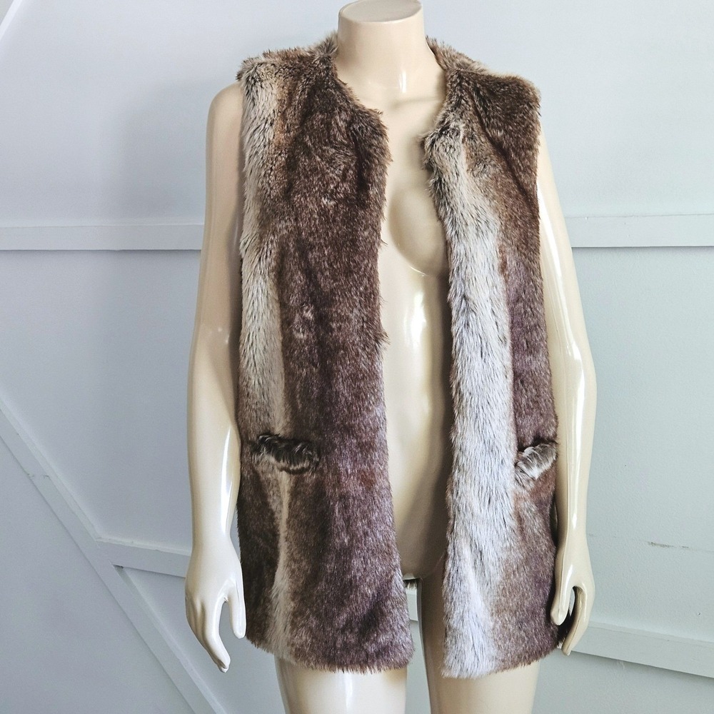 Lucky Brand Womens Brown Cream Striped Faux Fur Vest Size Medium Open Front Boho